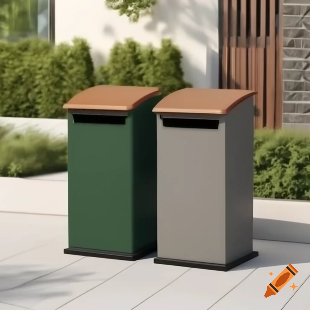Modern outdoor trash bins made of weather-resistant steel and reinforced plastic