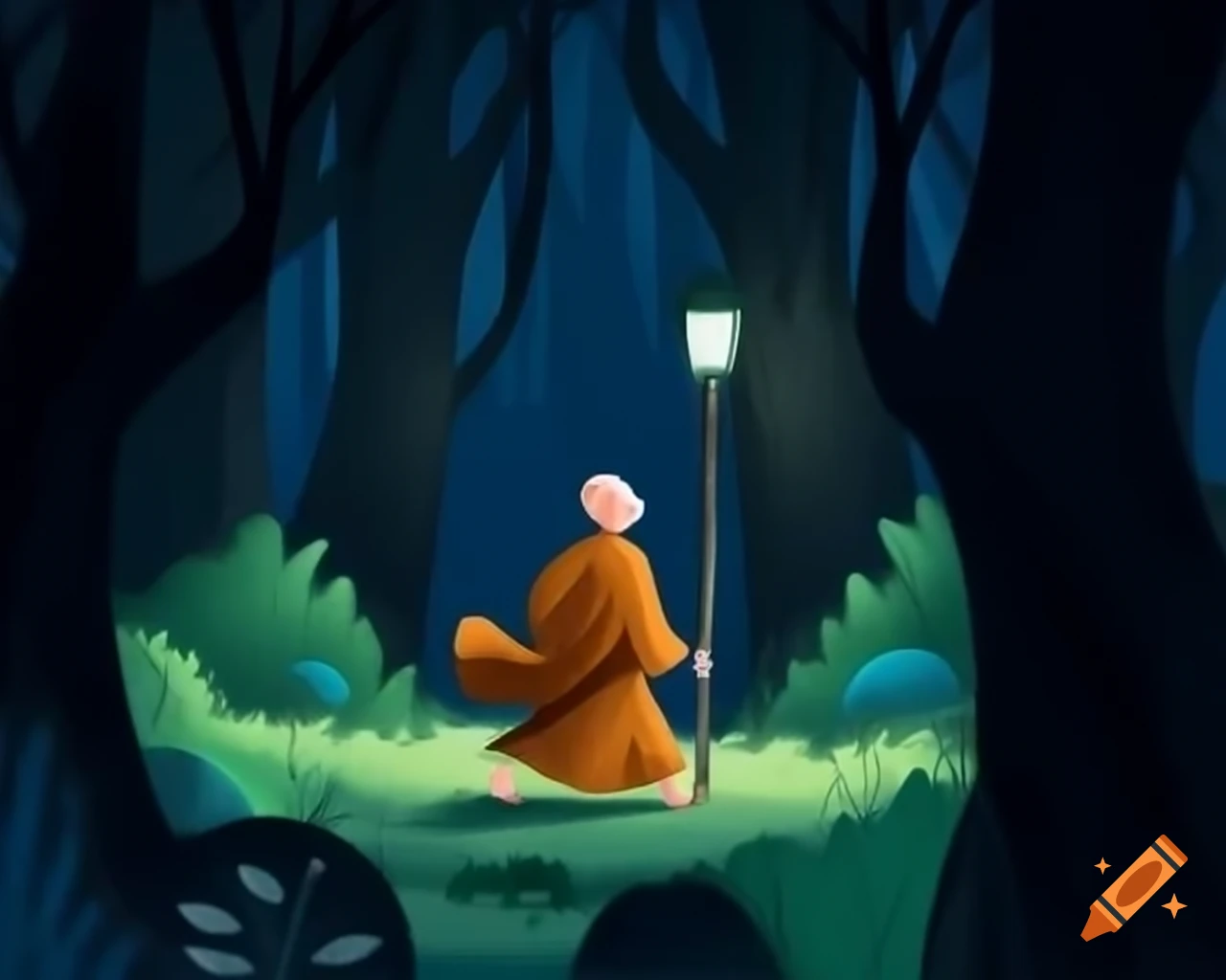 Monk walking through dark forest holding a lamp