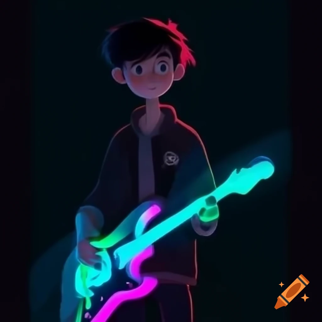 Young adult playing guitar with neon lights