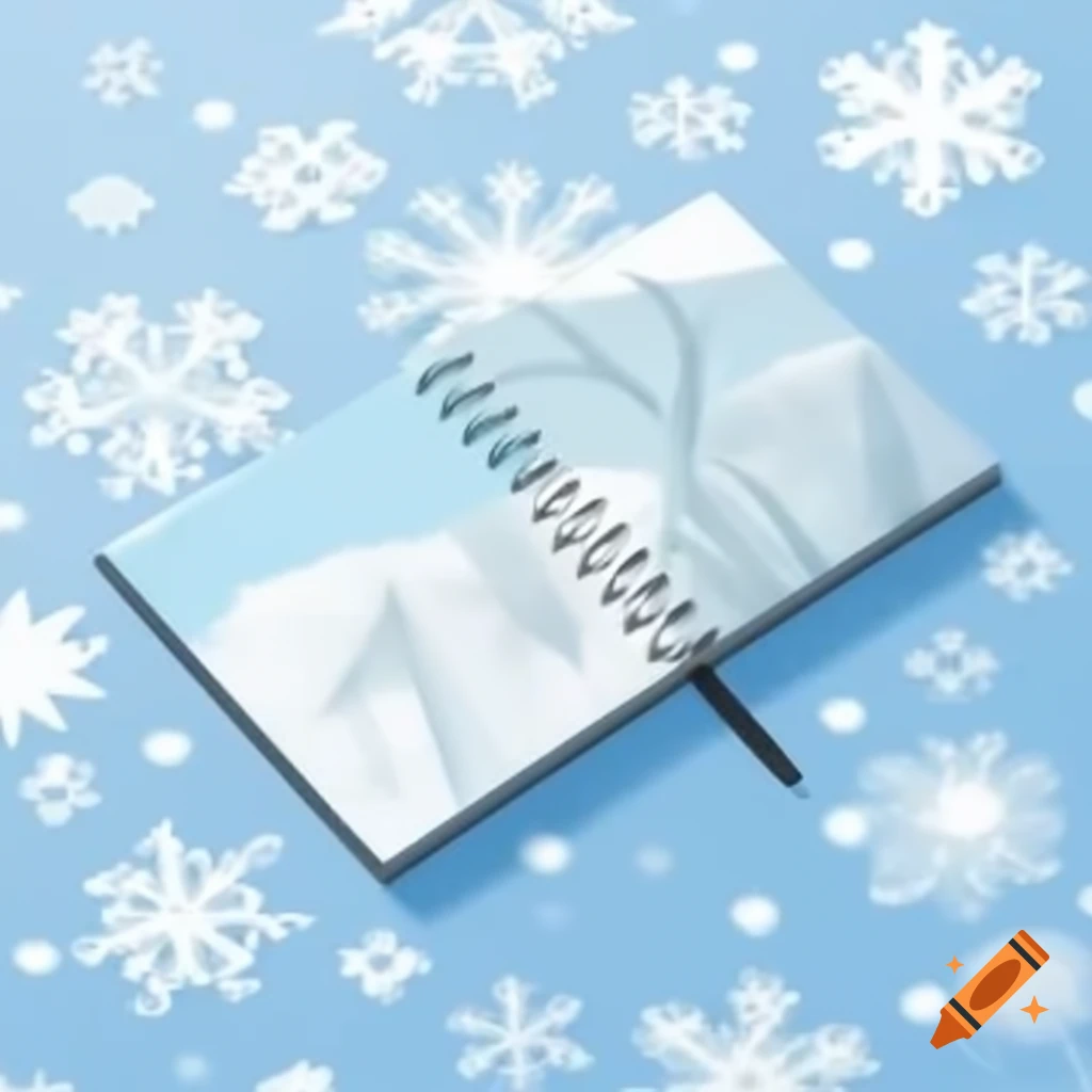 Notebook cover design with light blue background and scattered white and light blue snowflakes