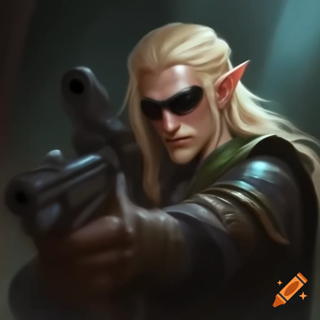 Fantasy male wood elf with long blond hair and sunglasses aiming a gun