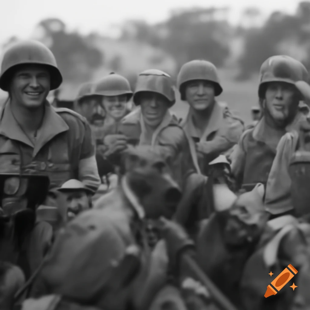 Emus alongside Australian soldiers in a historical setting