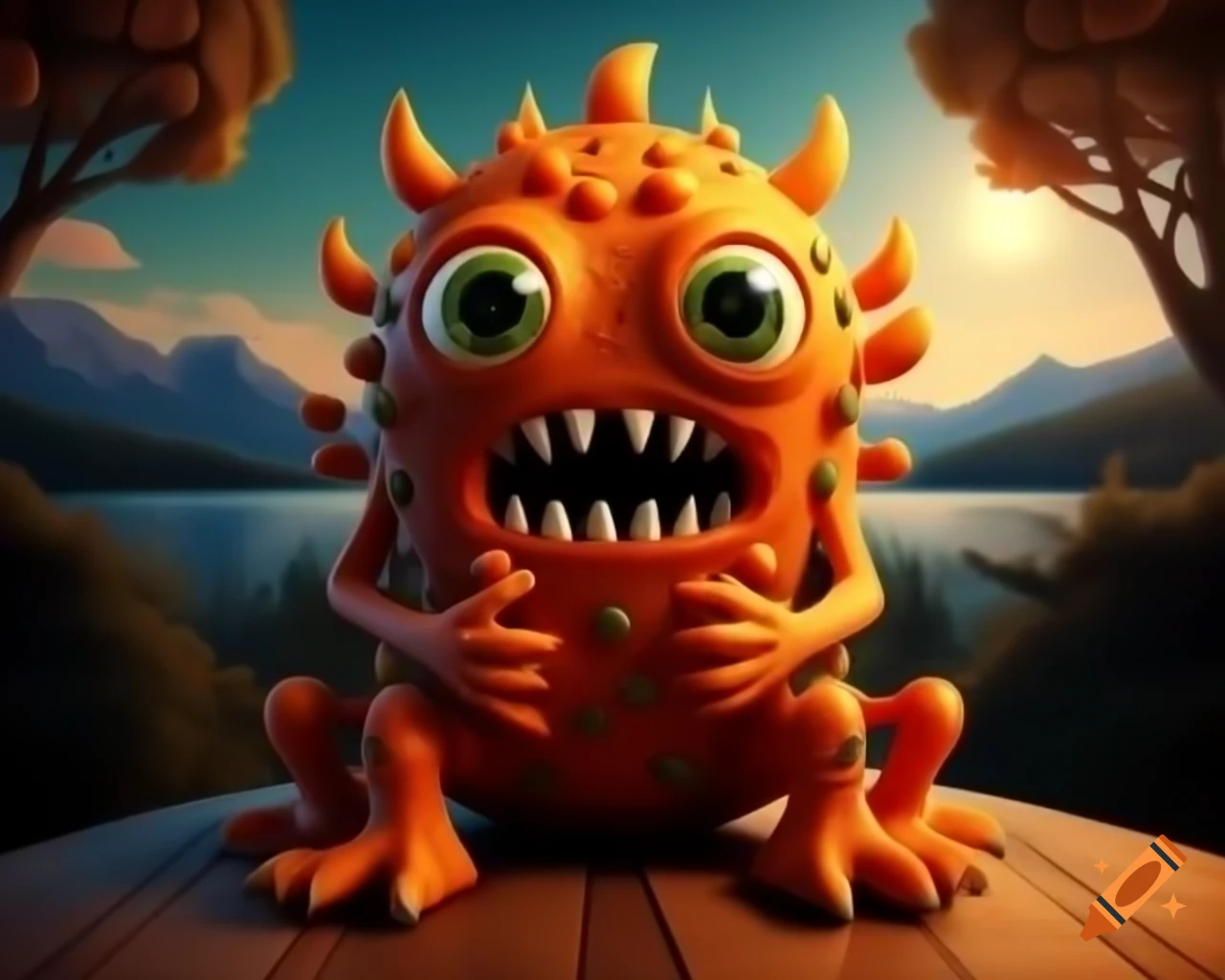 3D orange tree monster with human face on wooden table in forest