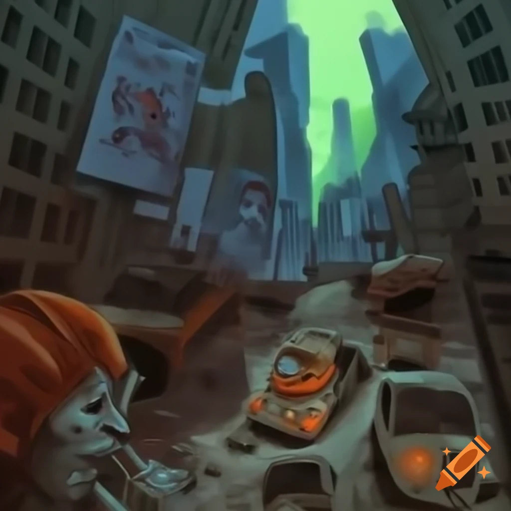 Post-apocalyptic cityscape with colorful remnants and skeletal skyscrapers