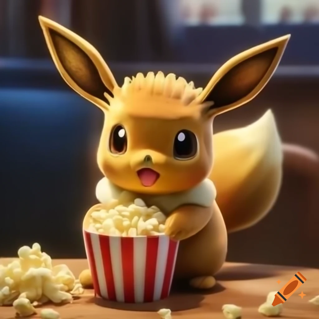 Eevee enjoying popcorn while watching a movie