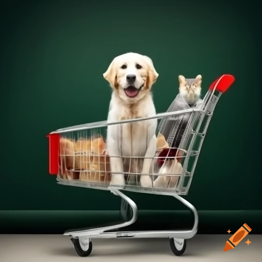 White golden retriever and cat sitting in shopping cart