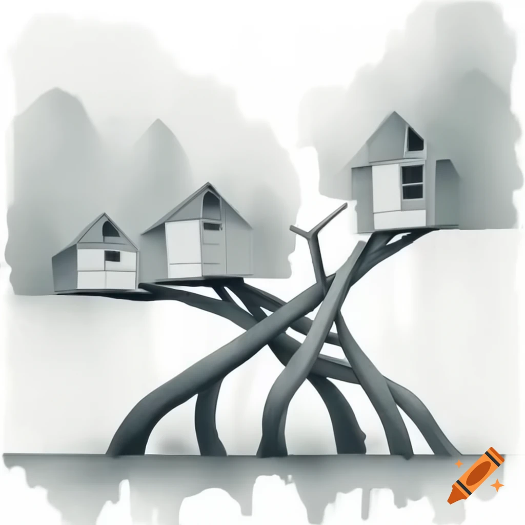 Grayscale image of trees with angular branches supporting container homes
