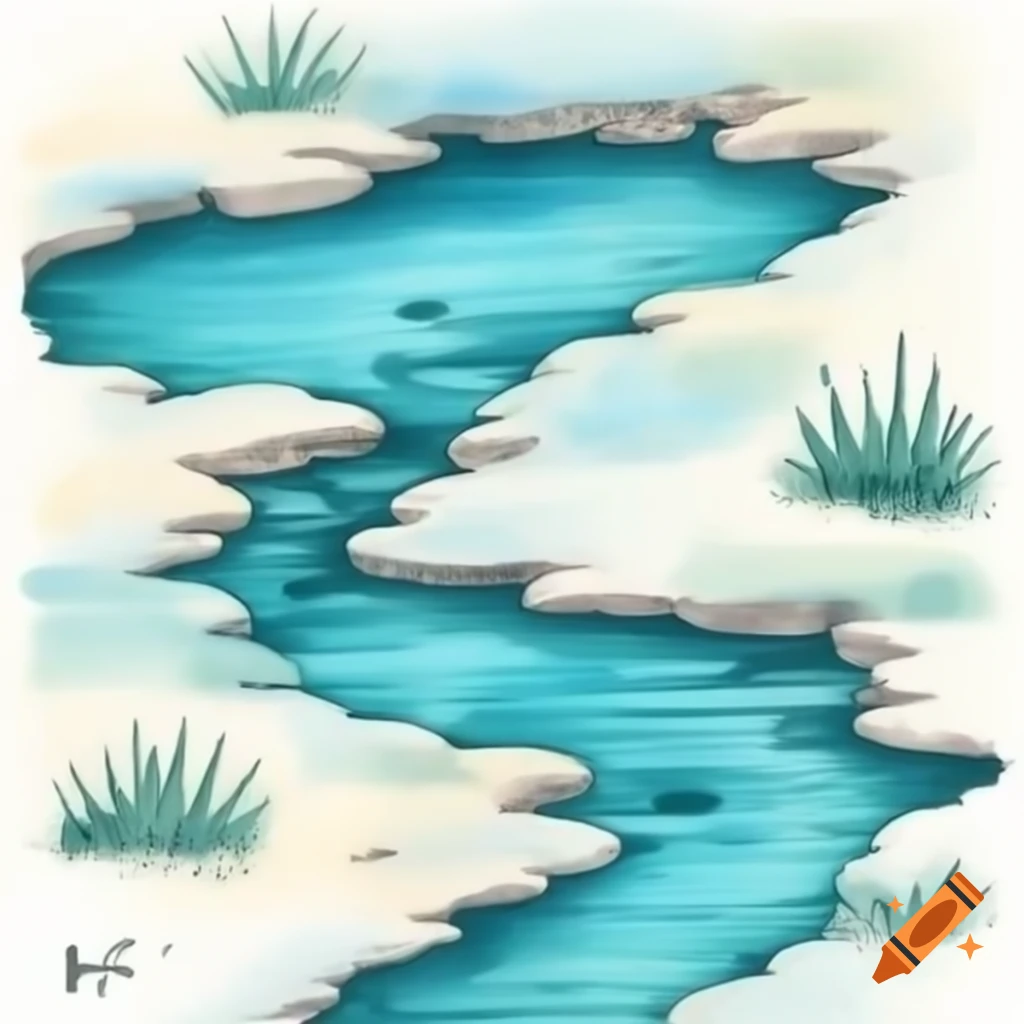 Watercolor stream in aqua blue and teal, storybook style
