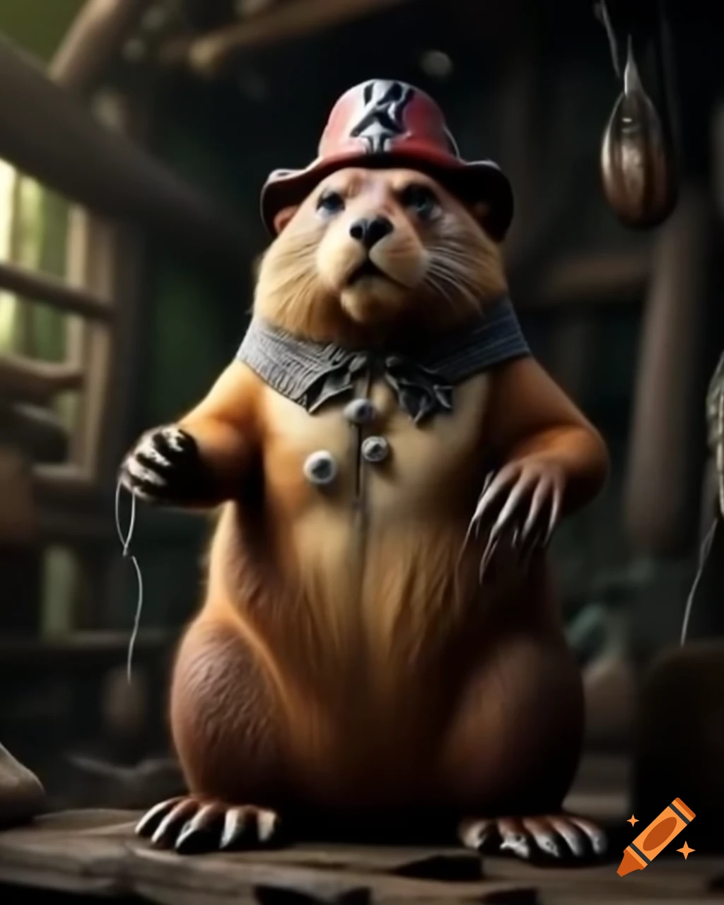 Large animatronic pirate beaver with visible wires