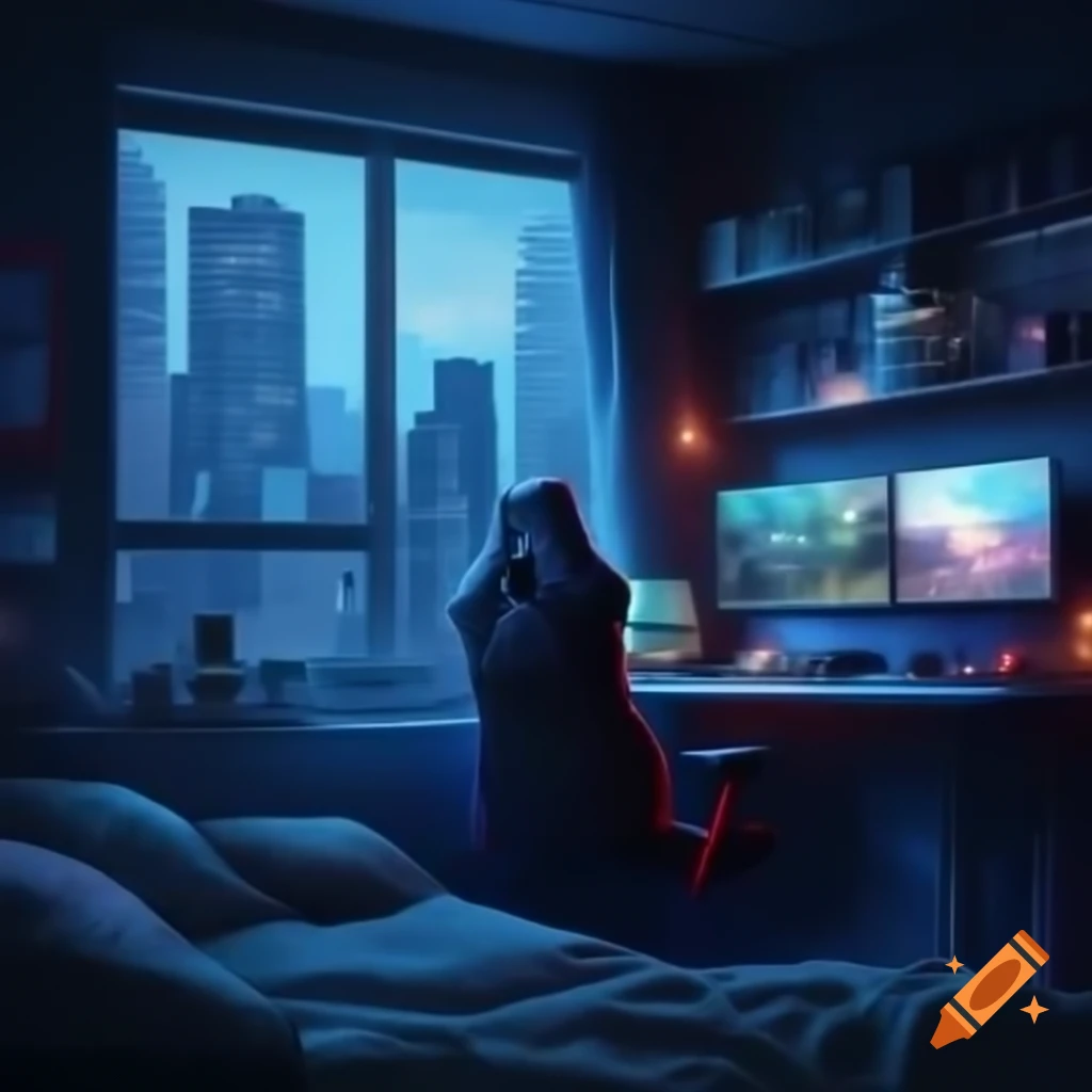 Gaming bedroom with city view through large window