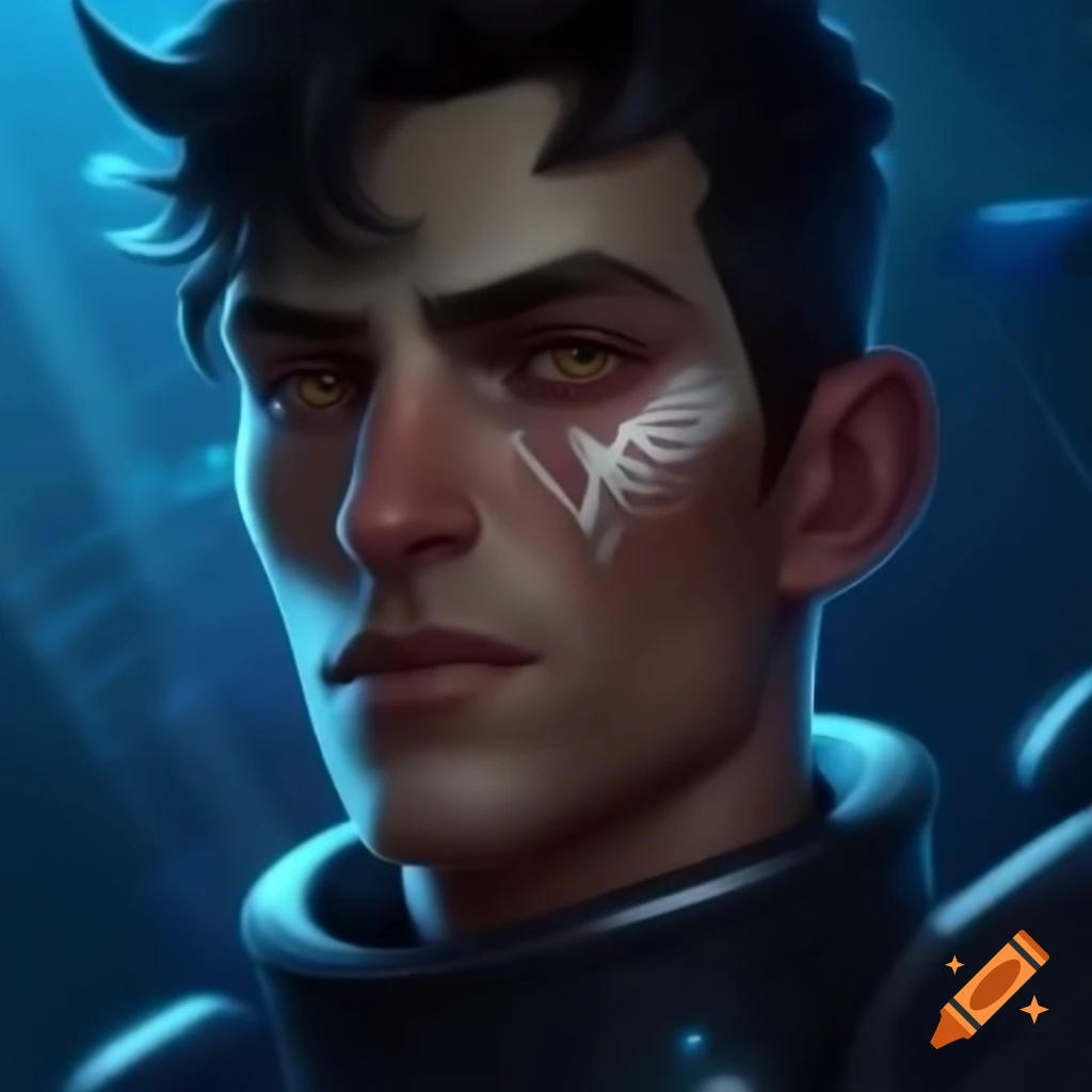 Man in futuristic diving gear with scar and black hair, inspired by Subnautica