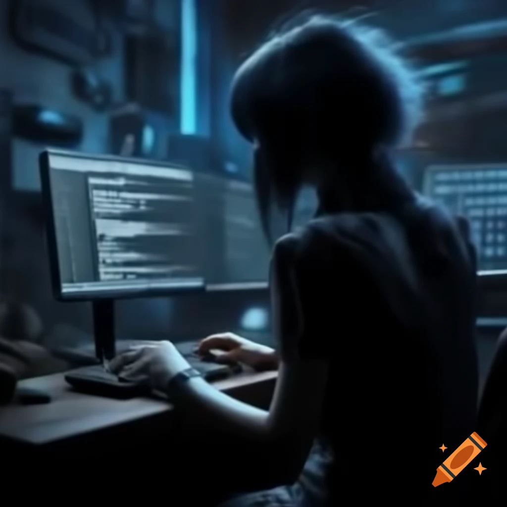 Woman with emo style coding on a computer