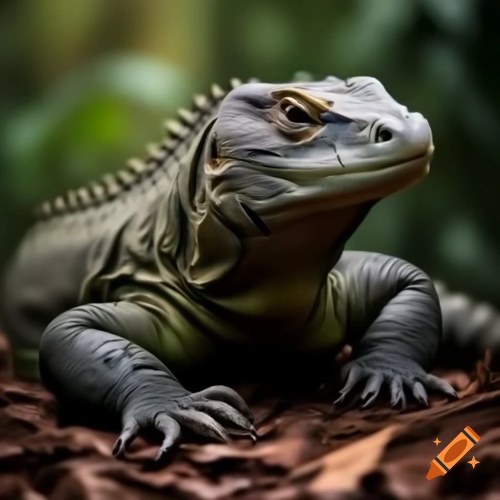 Realistic illustration of Komodo dragon lizard on forest floor