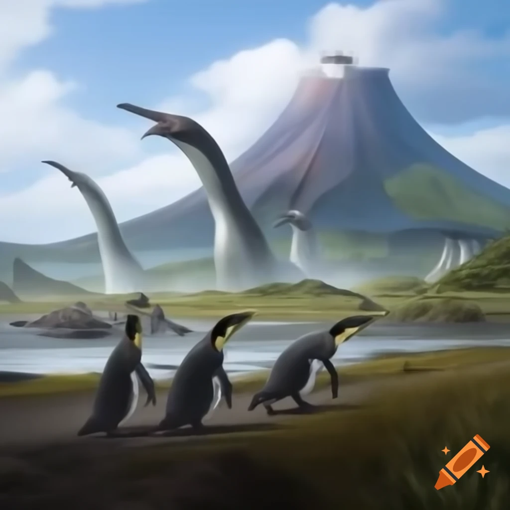 Prehistoric landscape with ancient penguin-like birds near volcanic island