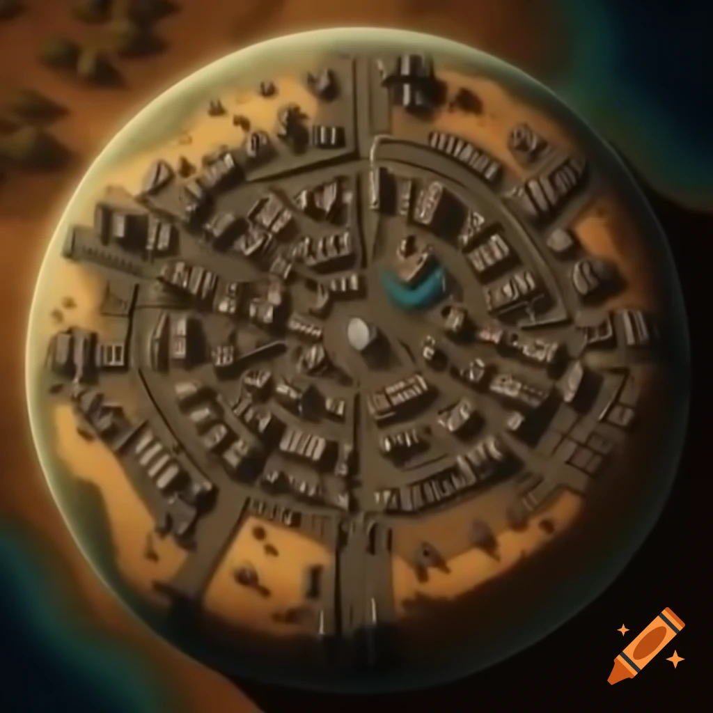 Aerial view of medieval style sci-fi city on desert planet