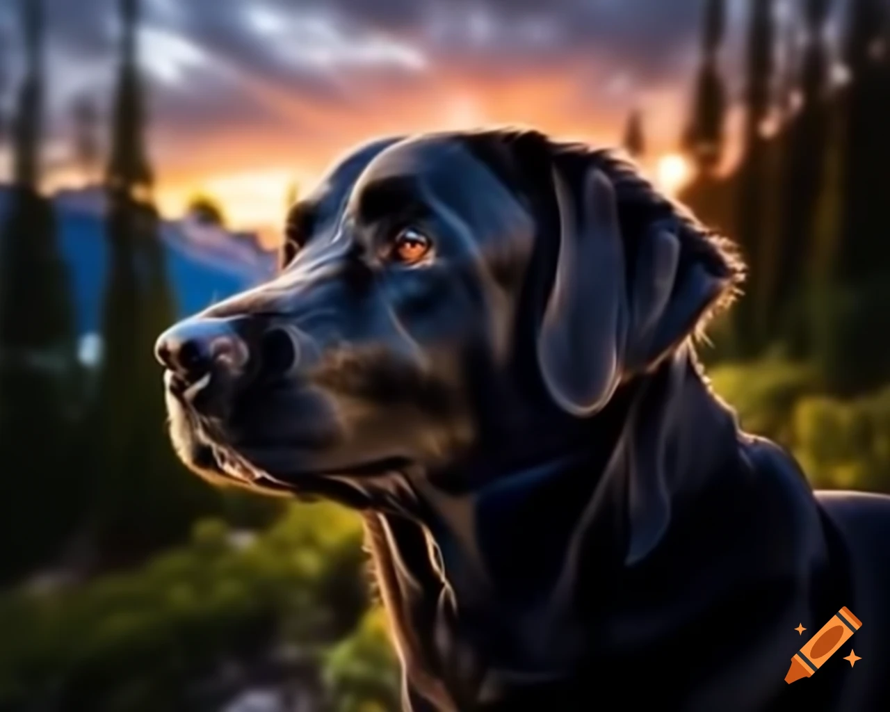 Black Labrador Retriever in forest facing camera with trees in background