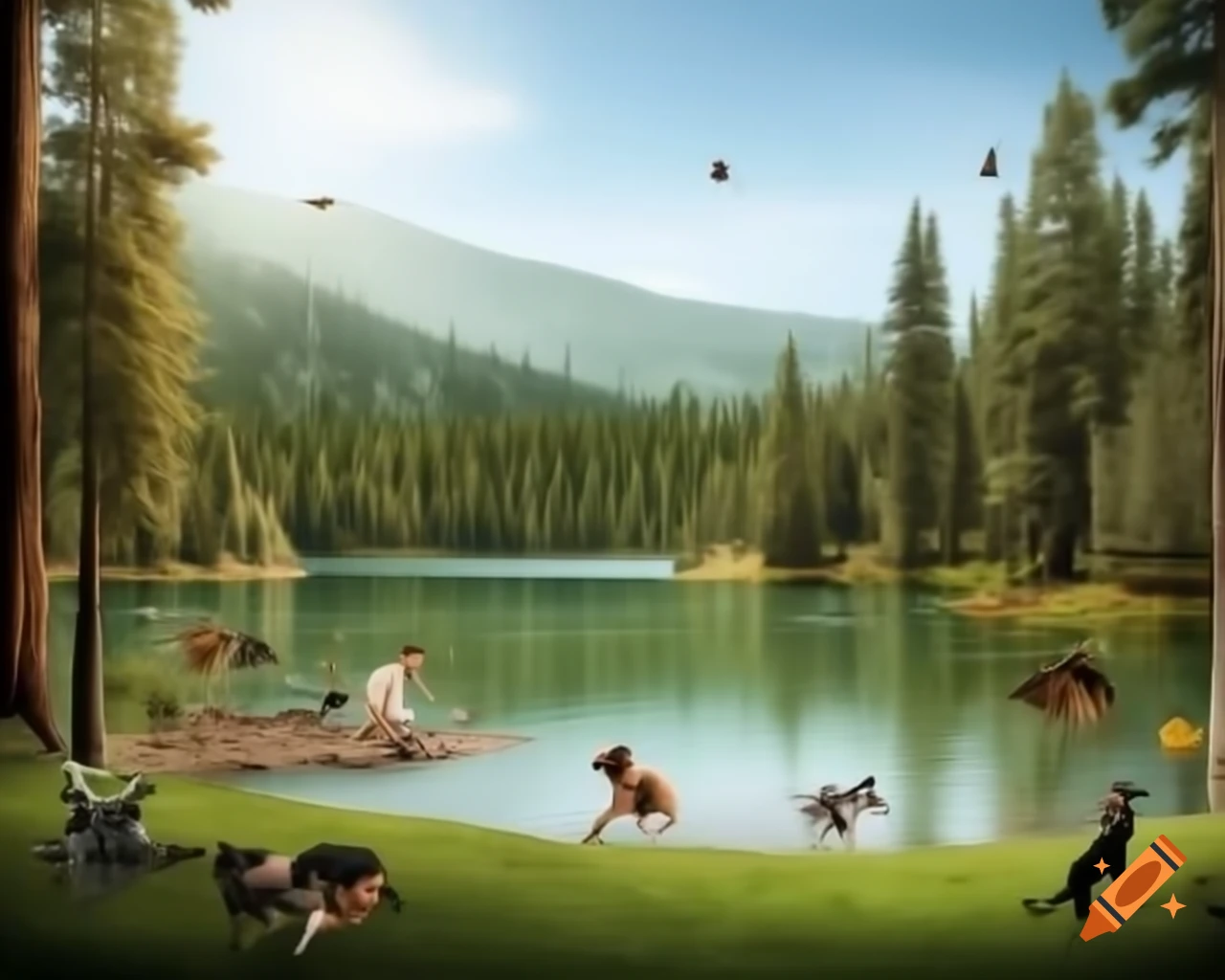 Lakeside setting with majestic redwoods and diverse dogs playing