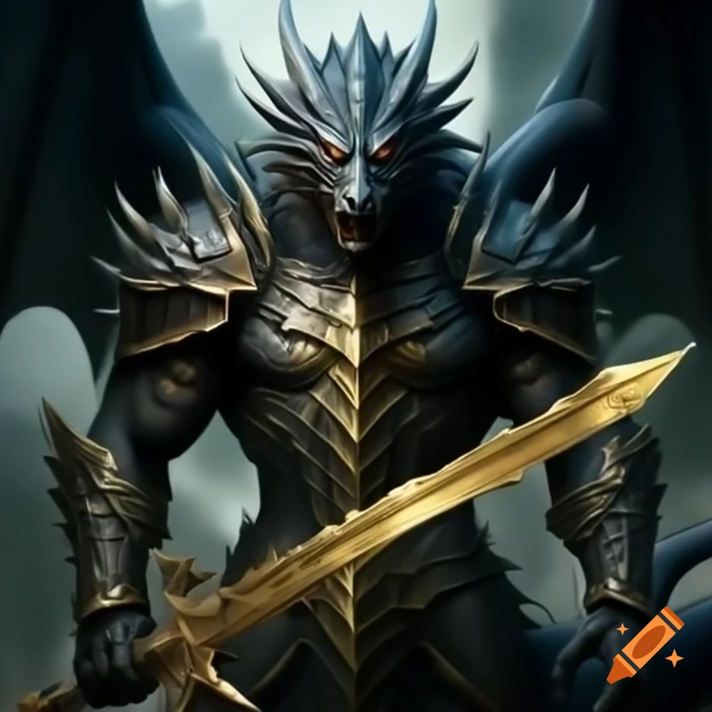 Black dragon in armor wielding large golden blade