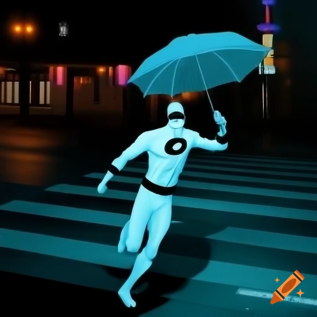 Photorealistic white-suited superhero with umbrella in dimly lit run-down city street at night