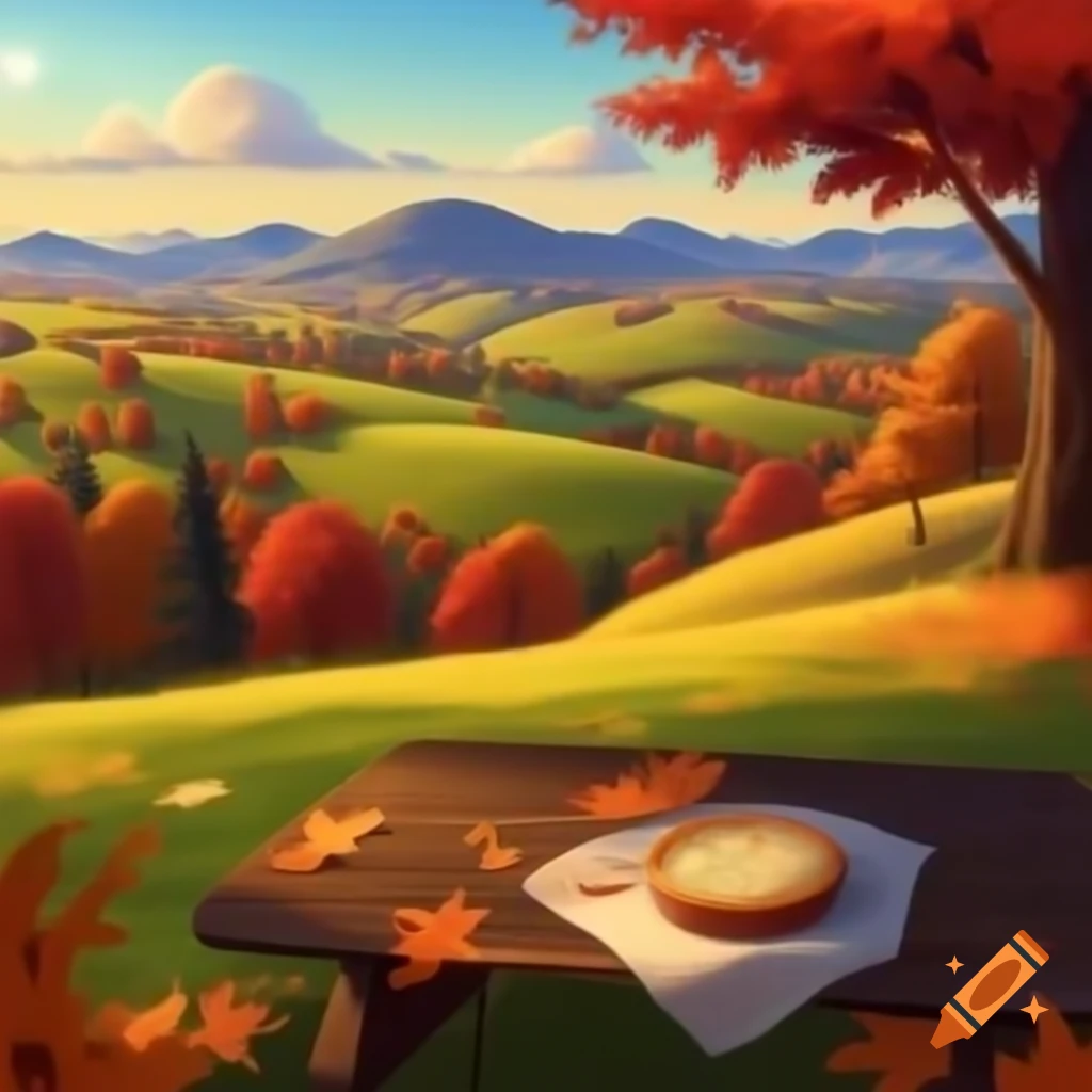 Fall scene with rolling hills, colorful trees, and picnic table with apple pie