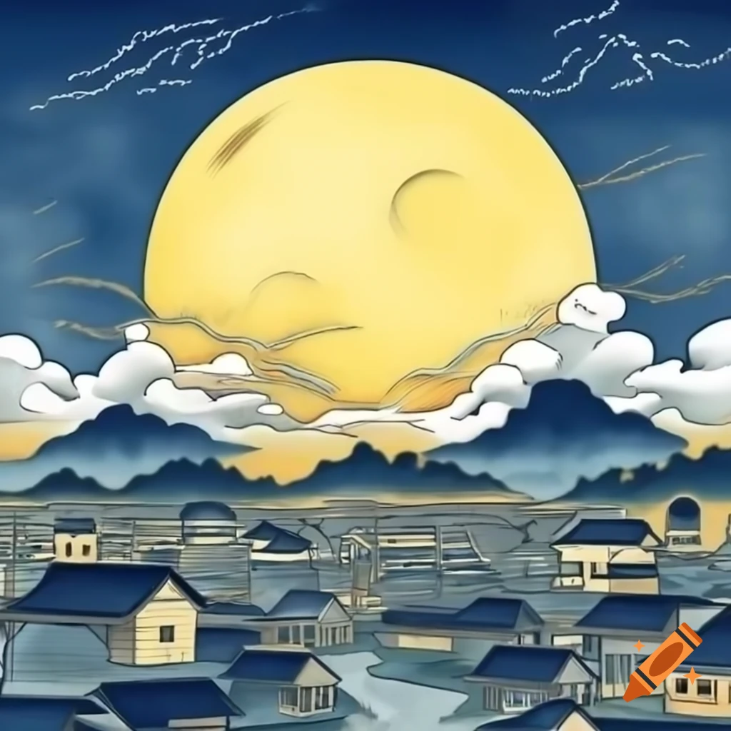 Illustration of a large yellow moon with town buildings in Hokusai style