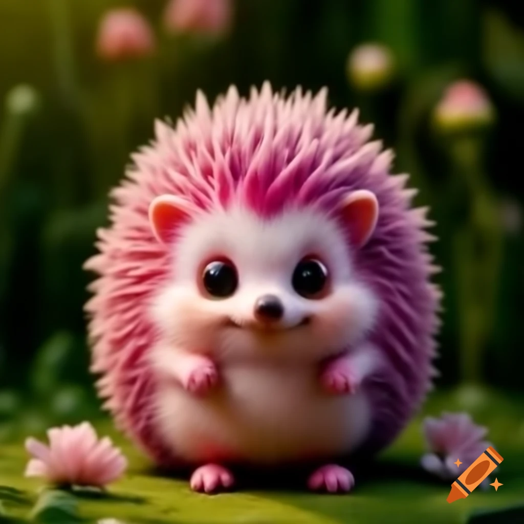 Pink hedgehog with big eyes and blushed cheeks surrounded by flowers in vibrant atmosphere
