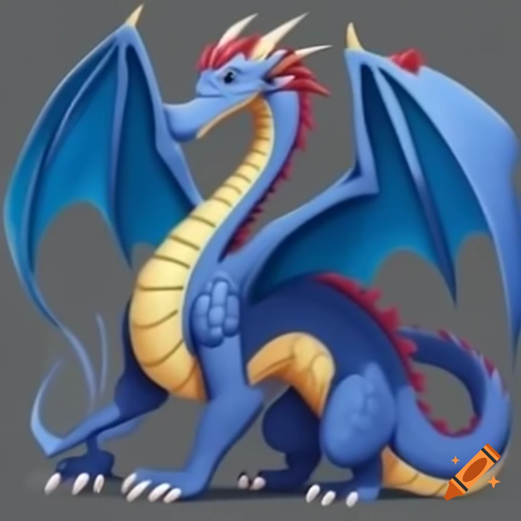 Cartoonish dual-headed dragon with red and blue heads