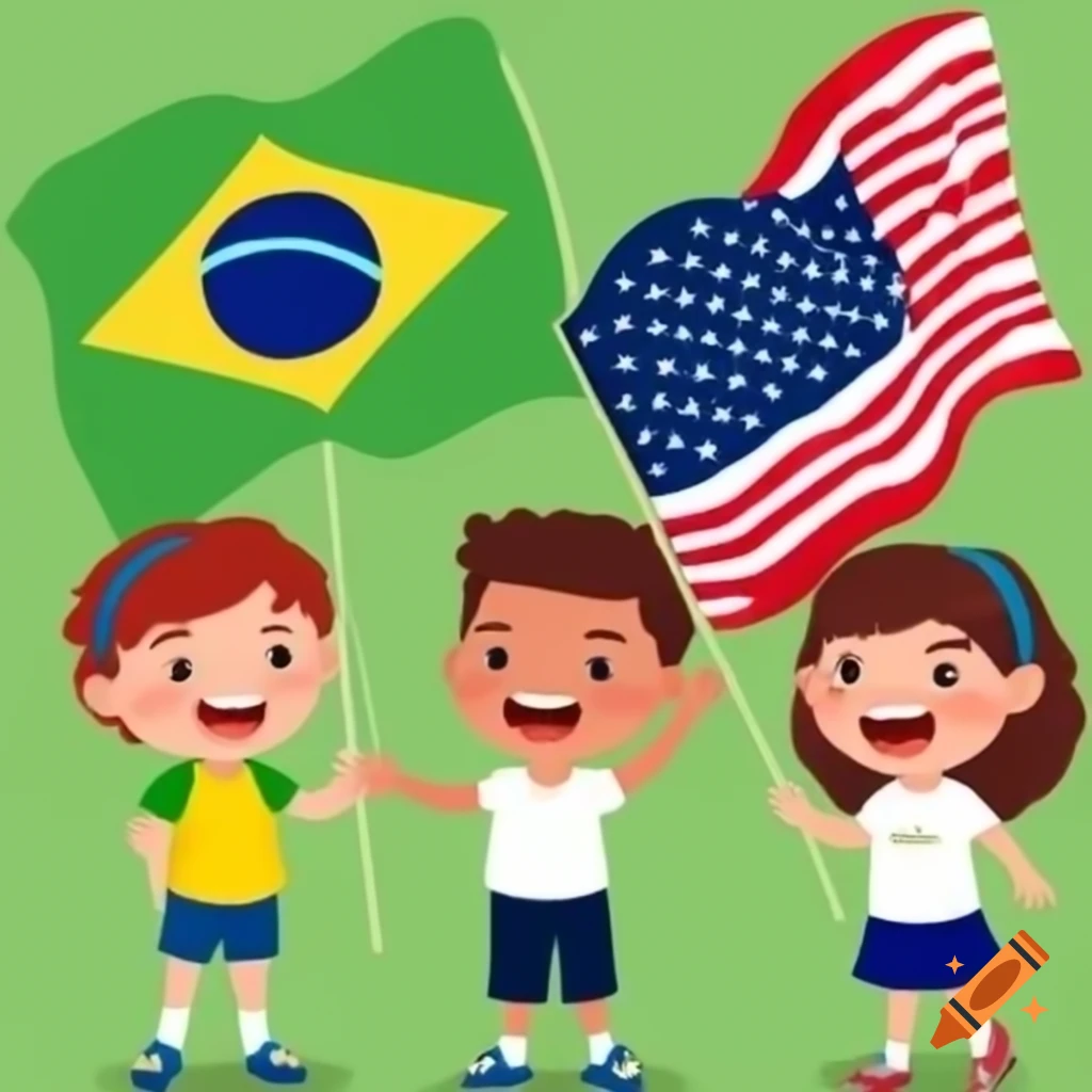 Children holding Brazil and USA flags