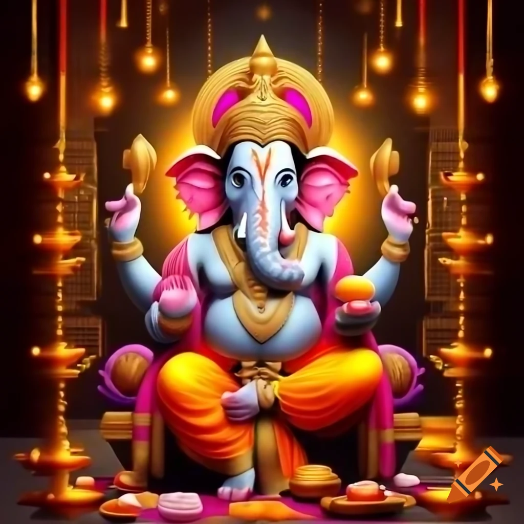 Vibrant golden Lord Ganesha in festive mandap for Vinayaka Chavithi