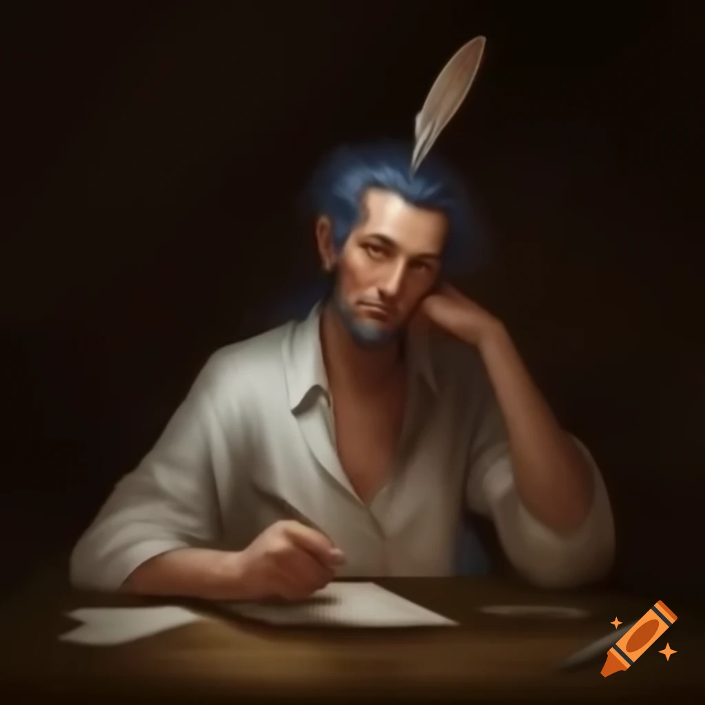 Young man with poetic temperament writing with feathered pen