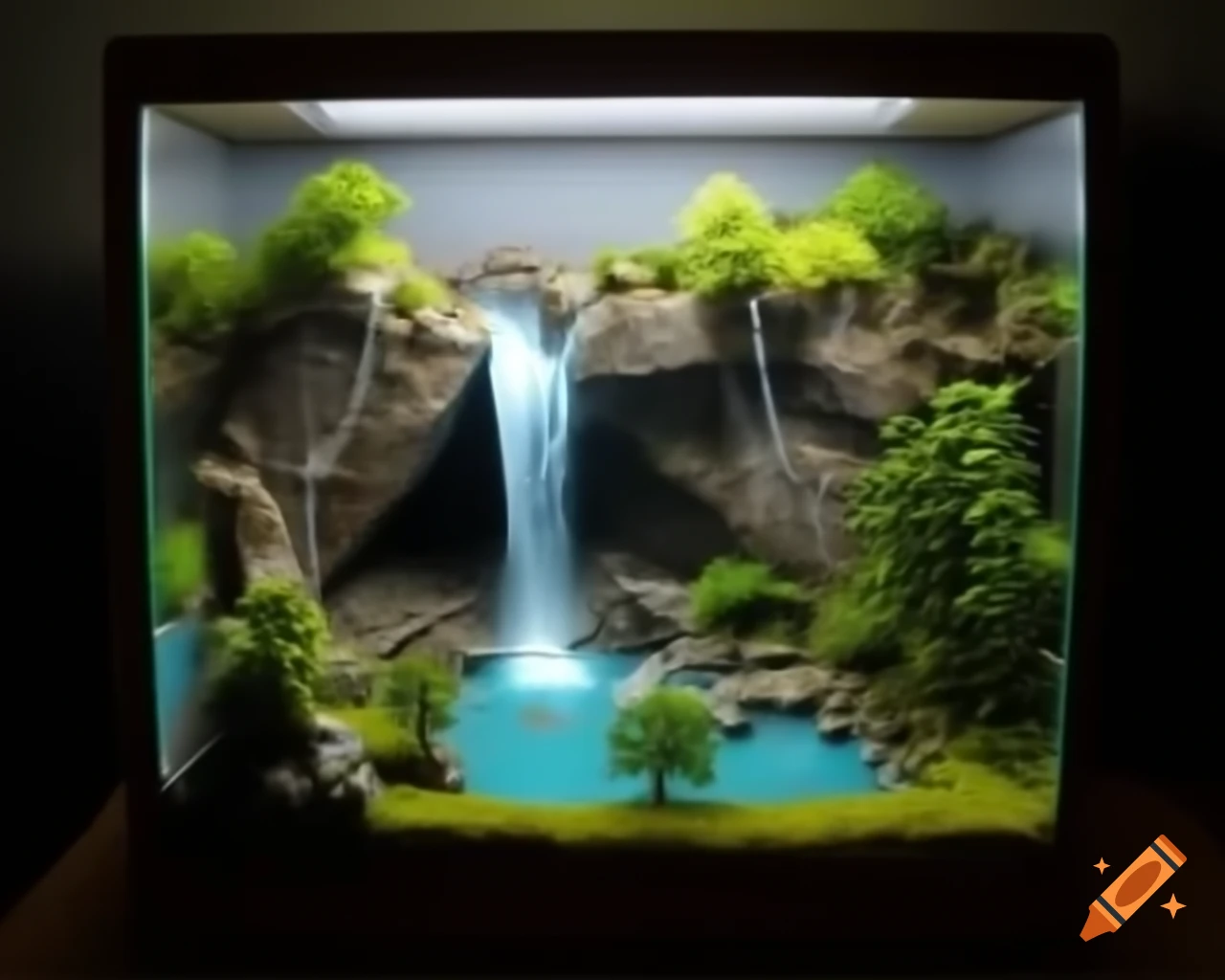 Miniature diorama featuring waterfall and lake in a box