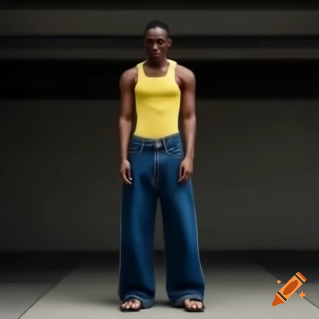 Thin dark-skinned man in yellow tank top and knee-length jeans wearing flip flops