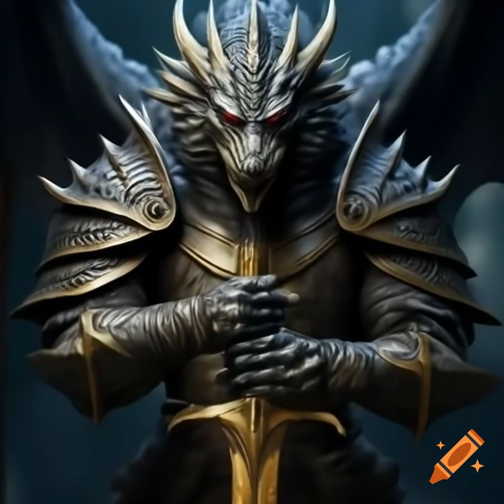 Black dragon in armor wielding a golden sword