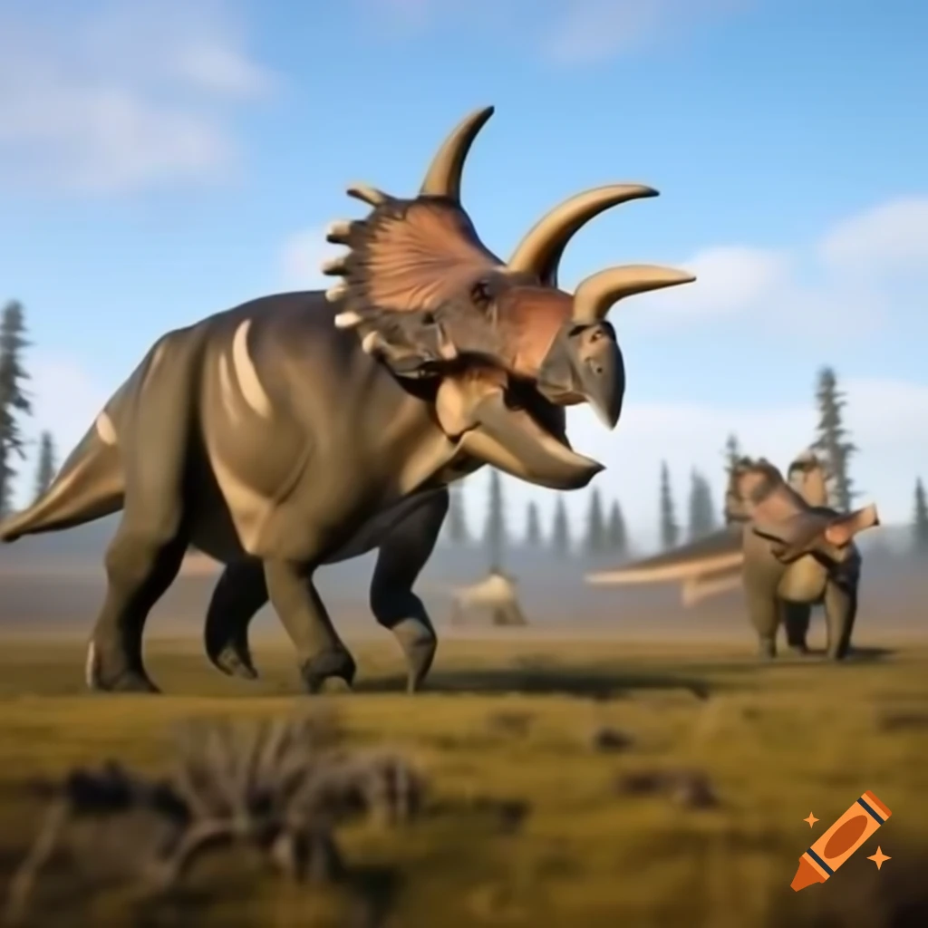 Herd of protoceratops crossing rugged terrain in British Columbia