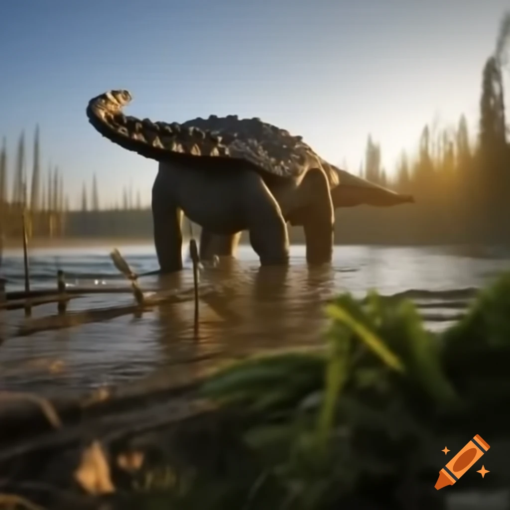 Ankylosaurus and Diplodocus by lake with ferns and fallen trees during golden hour