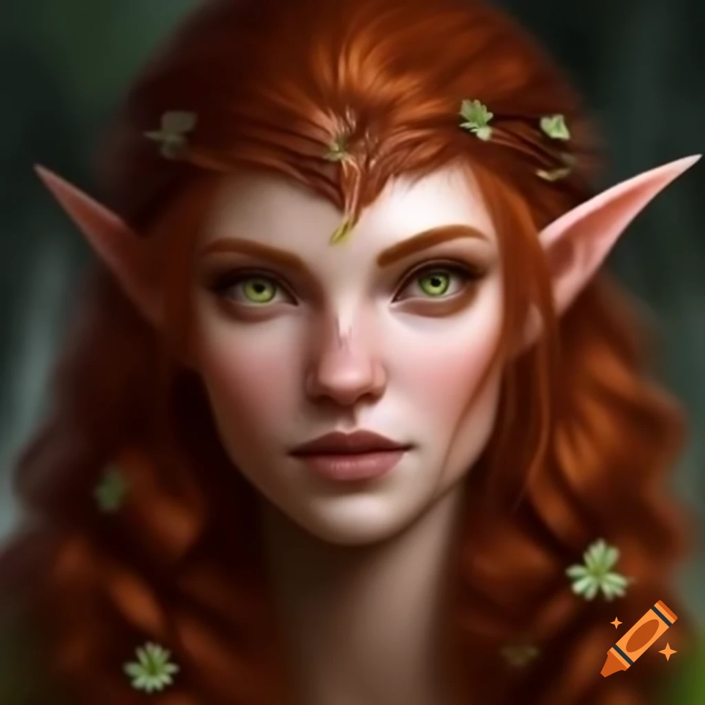 Fantasy woman with brown curly hair and green eyes writing in journal