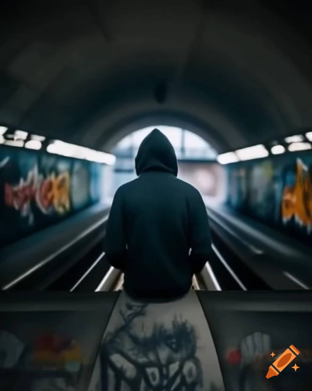 Person in hoodie in German underground train tunnel with graffiti