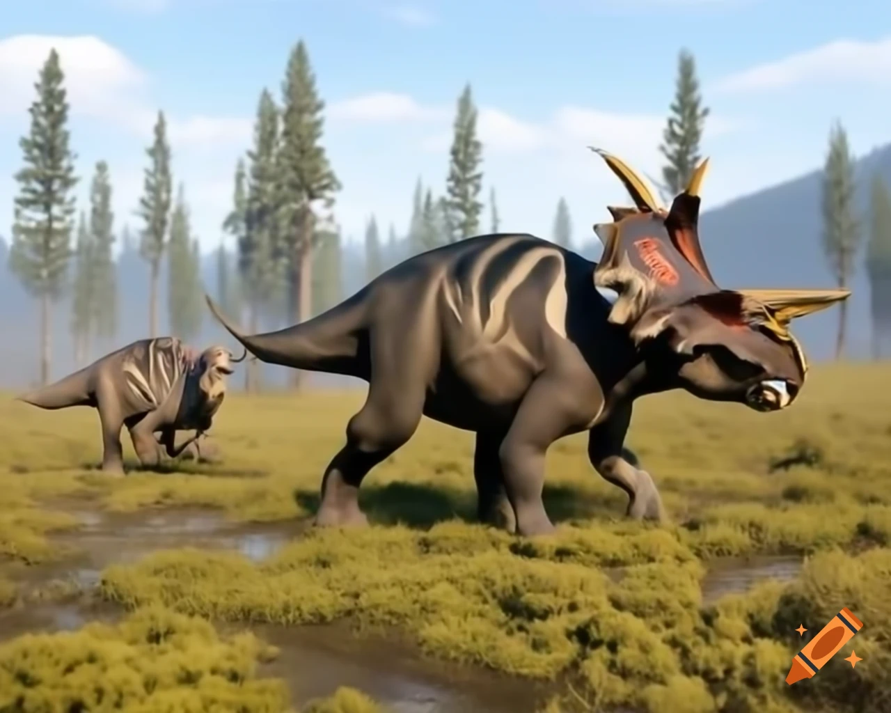 Herd of protoceratops crossing sunny terrain in British Columbia