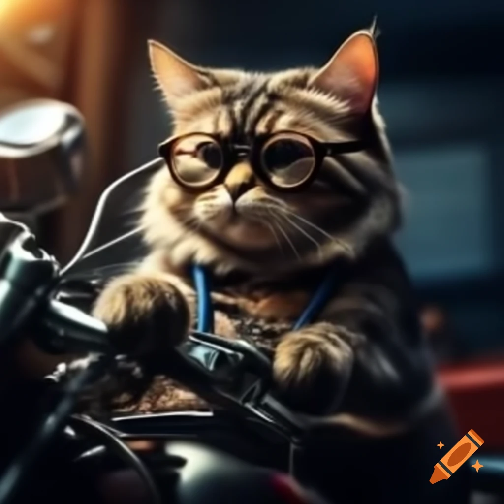 Cat wearing glasses and stethoscope repairing a motorcycle