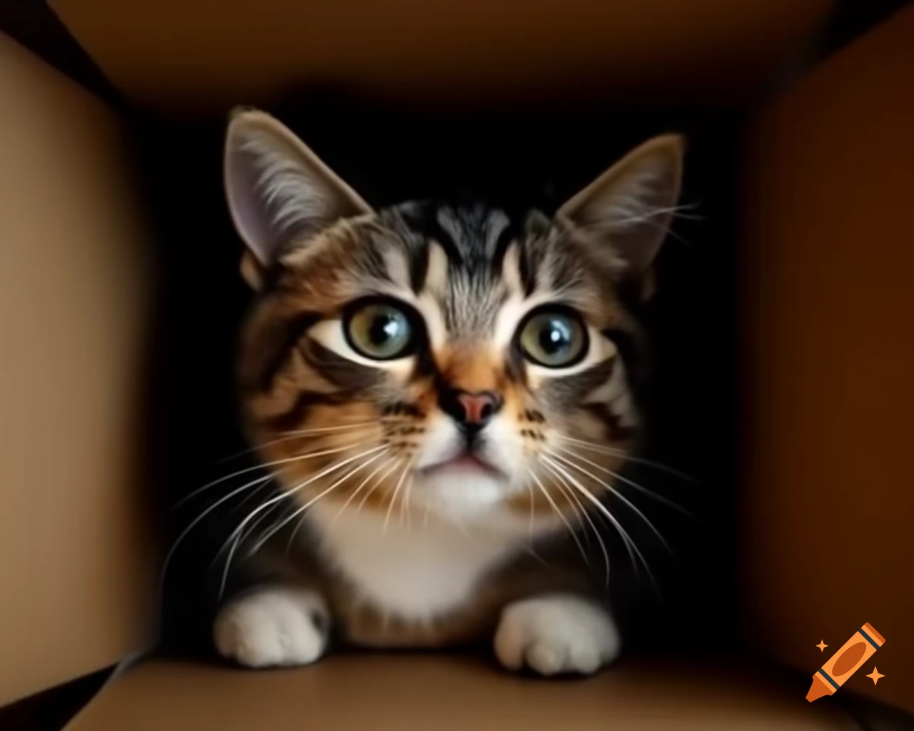 Close-up of a cute cat with an angry expression in a box, soft lighting