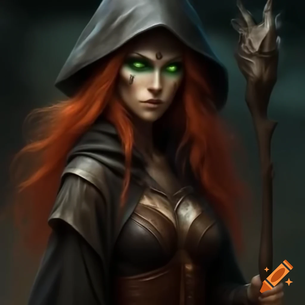 Wood elf witch with dual blades and red hair riding a giant dire wolf