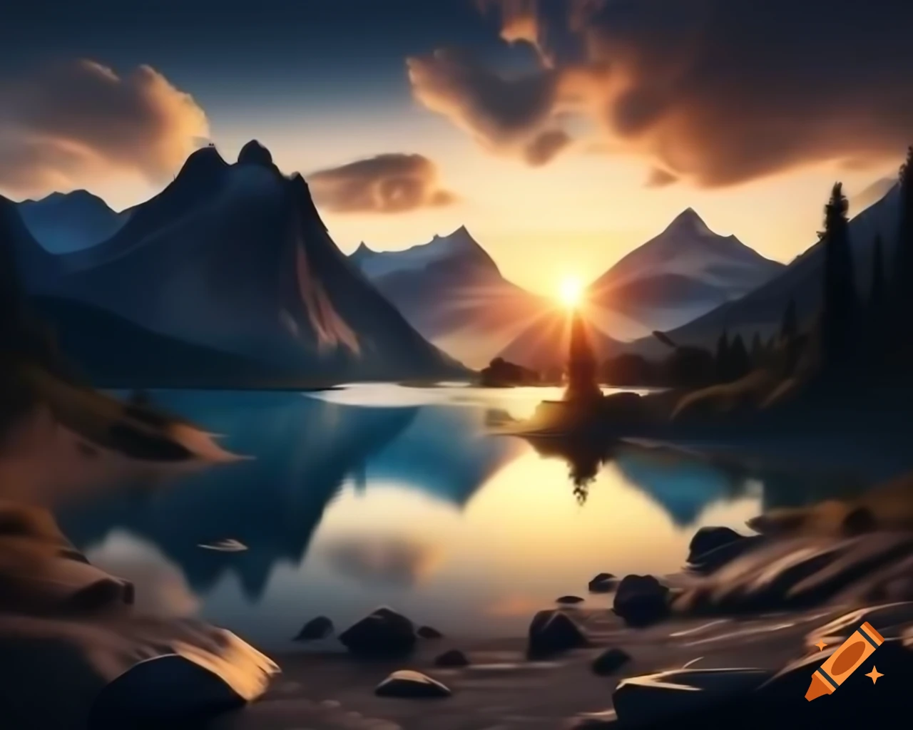 Photorealistic 3D render of mountain lake at sunset with sun rays and island