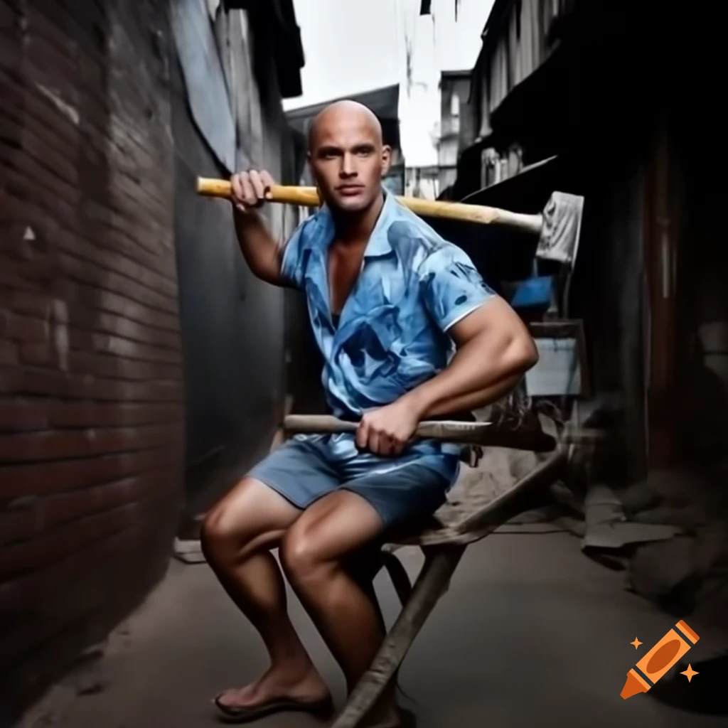 Fit man in Hawaiian shirt swinging sledgehammer at brick wall in urban setting