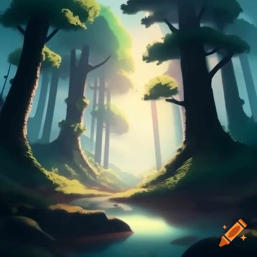 Digital illustration of serene forest with ancient trees and dappled sunlight, inspired by Hayao Miyazaki