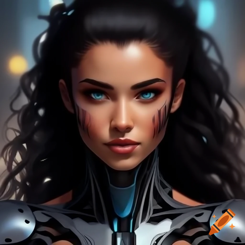 Eastern European female cyborg singer with metallic skin and wavy hair