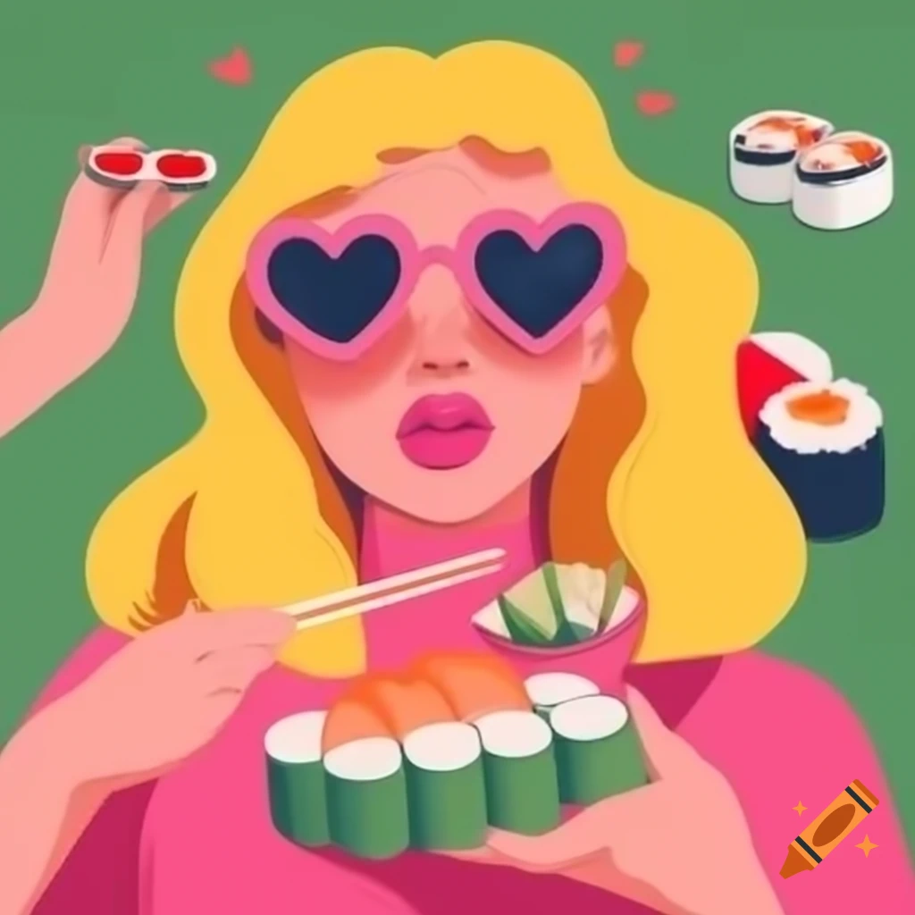 Woman with heart-shaped sunglasses enjoying sushi in a surreal setting