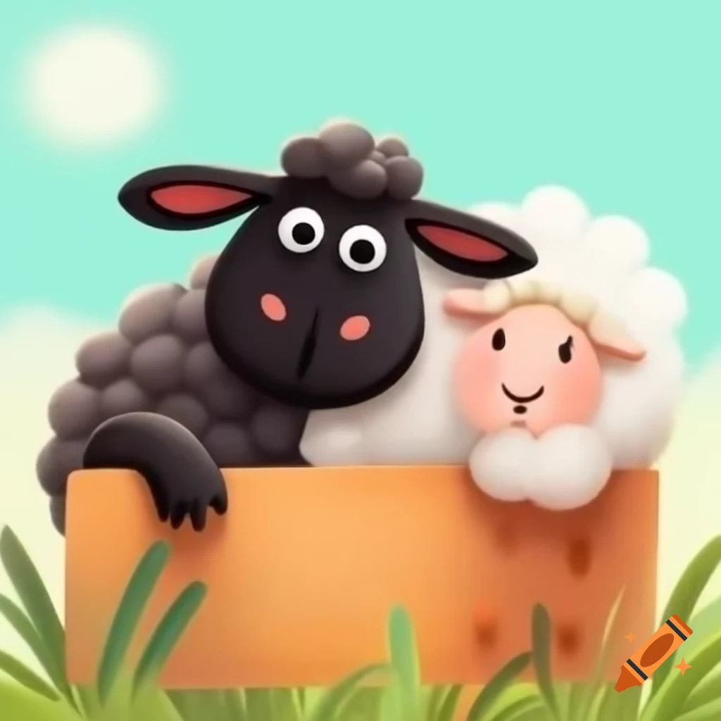 Black and white sheep smiling with poster