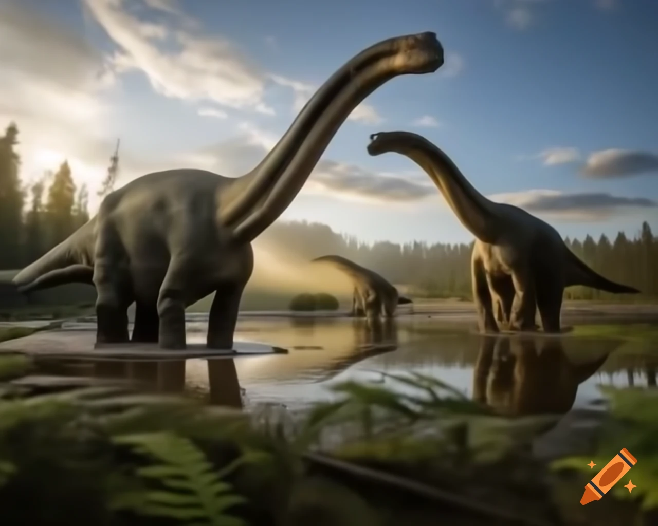 Three light grey Diplodocus walking along muddy lake bank in British Columbia during golden hour