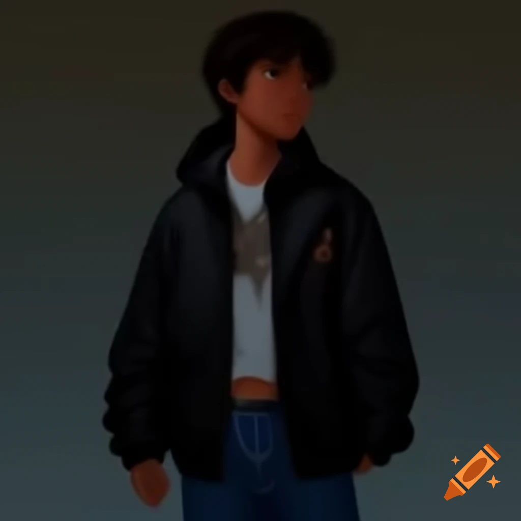 Young man with long black hair wearing jeans and black t-shirt with alien necklace