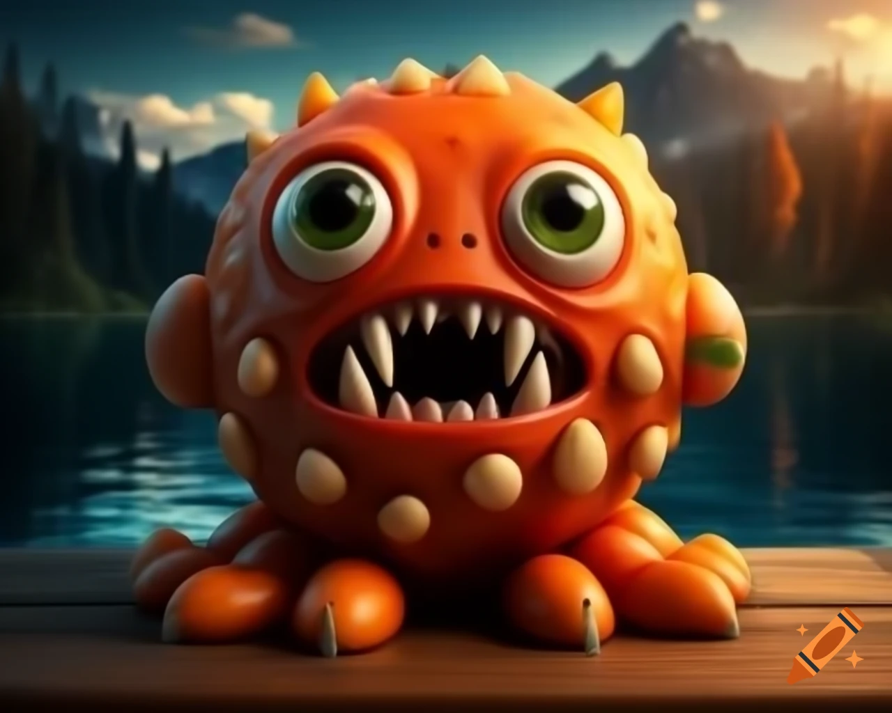 Hyper-realistic 3D orange fruit monster with human features on wooden table